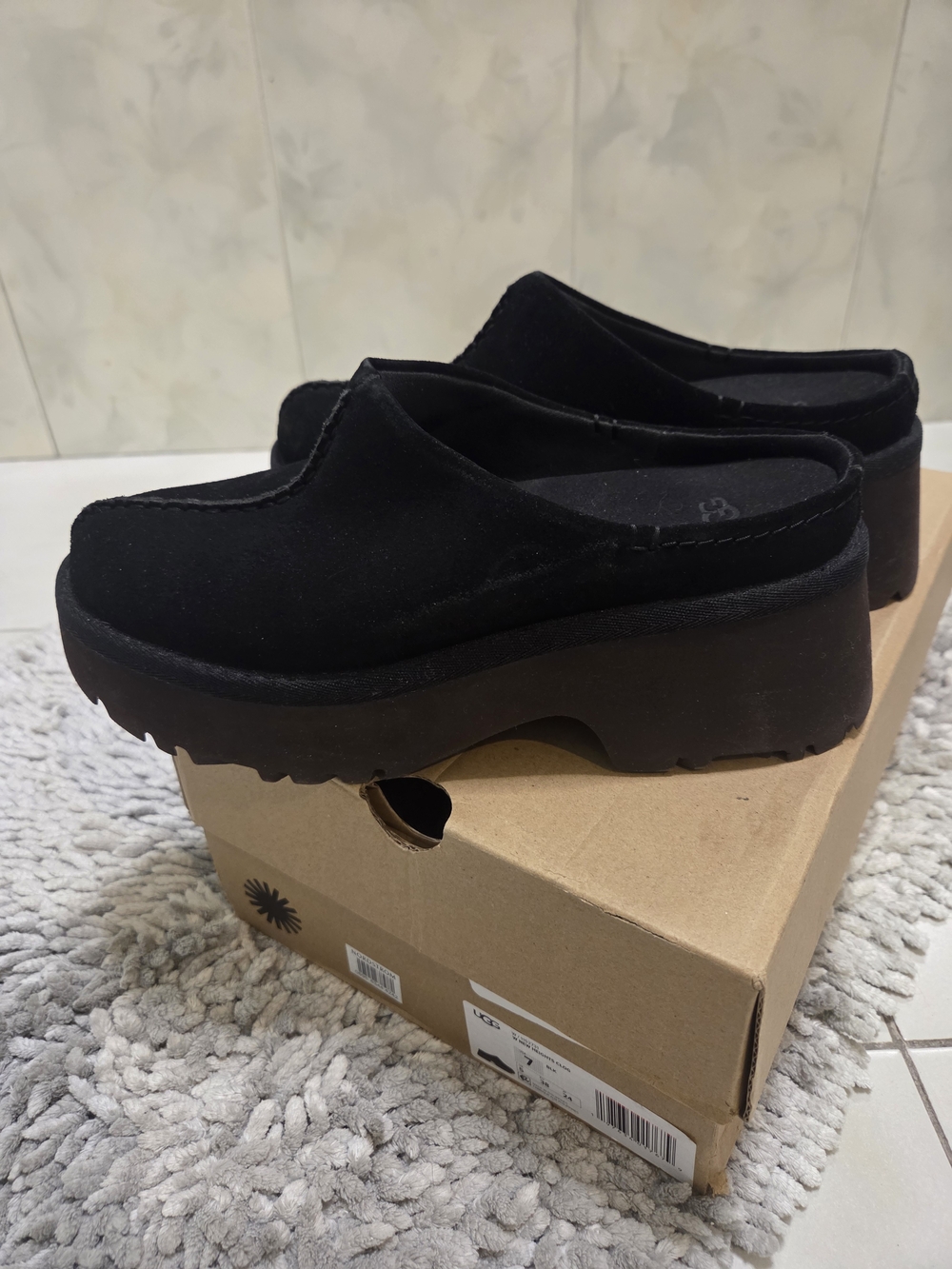 UGG Black Suede Platform Clog Mules